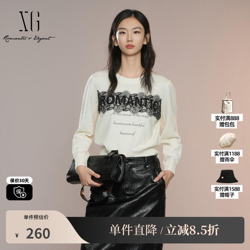 XG/雪歌XK311025A691 蕾丝拼接长袖针织衫字母印花羊毛混纺毛衫女