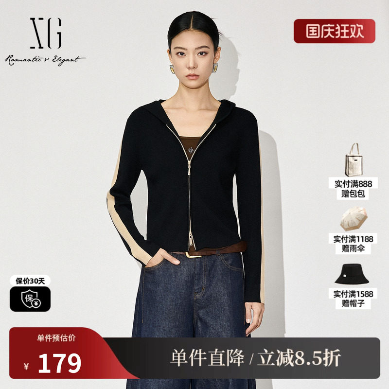XG/雪歌XK411861A890 黑修身短款毛针织衫拉链连帽开衫外套上衣女