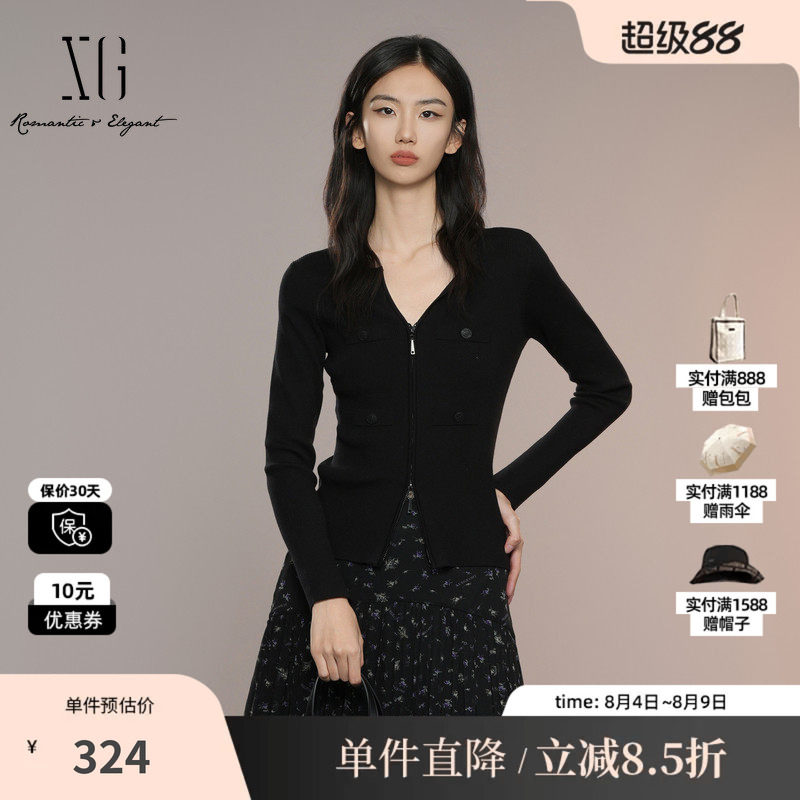 XG/雪歌XK311006A490黑色修身毛针织衫2025秋季新款莱赛尔开衫女