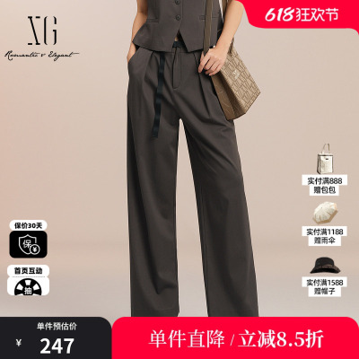 XG/雪歌XK202030A174 灰棕色直筒休闲长裤褶皱腰带通勤阔腿西装女
