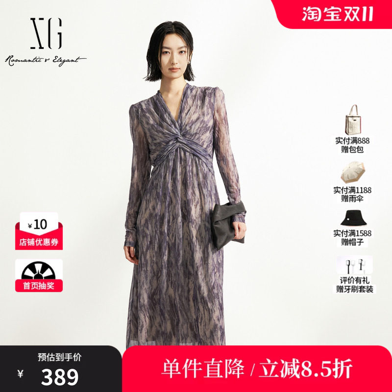 XG/雪歌XK304001B194设计感连衣裙2025秋季新款中长款长袖A字裙女