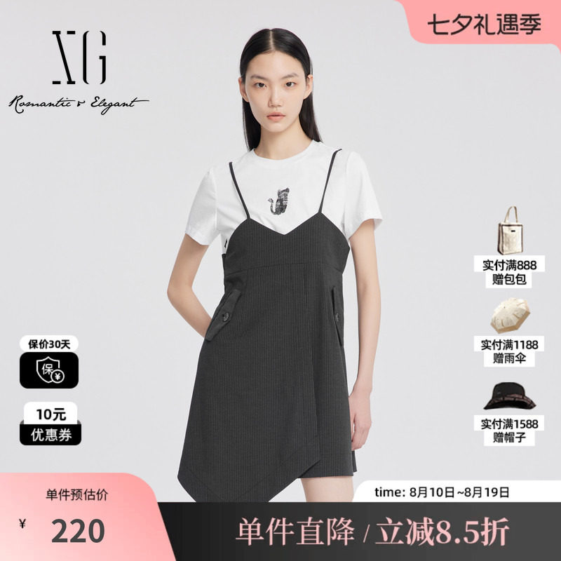 XG雪歌XJ204043B699不规则连衣裙时尚夏季新款假两件短袖中长裙女