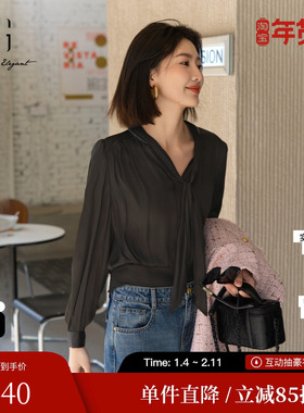 XG雪歌XK321026A390黑色系带长袖衬衫2025秋季新款通勤套头上衣女