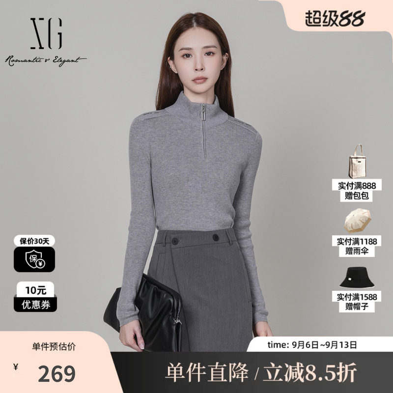XG/雪歌 XK411084A984灰色立领刺绣长袖针织衫修身打底毛衣上衣女