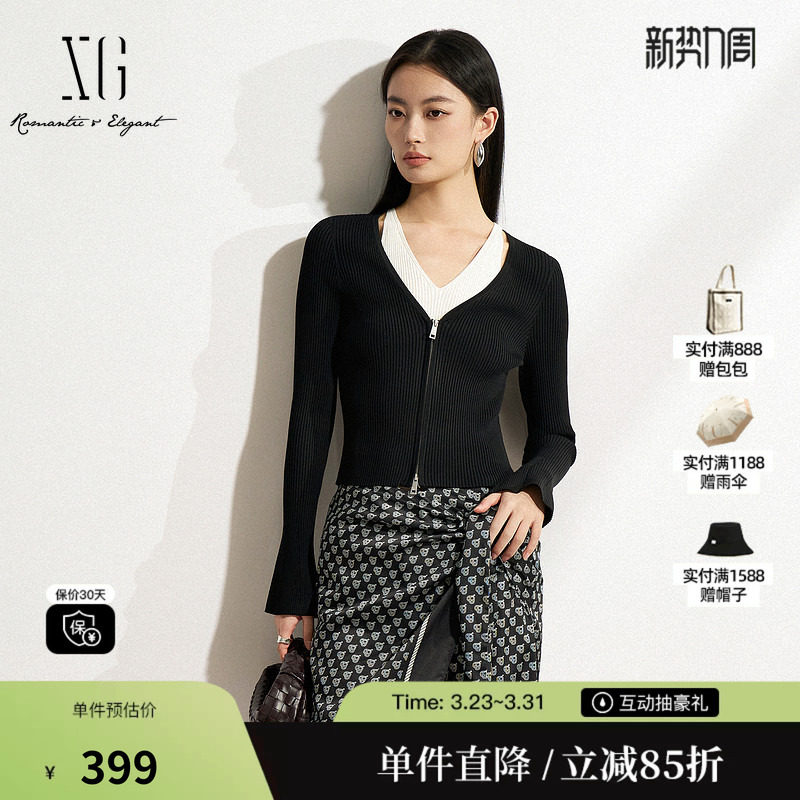 XG/雪歌XK111502A890 黑白色假两件针织衫修身显瘦套头长袖毛衣女