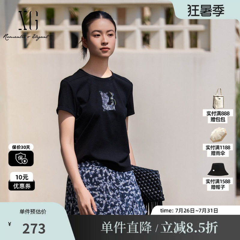 XG/雪歌XL201025A490黑色莱赛尔圆领短袖T恤薄印花正肩休闲上衣女