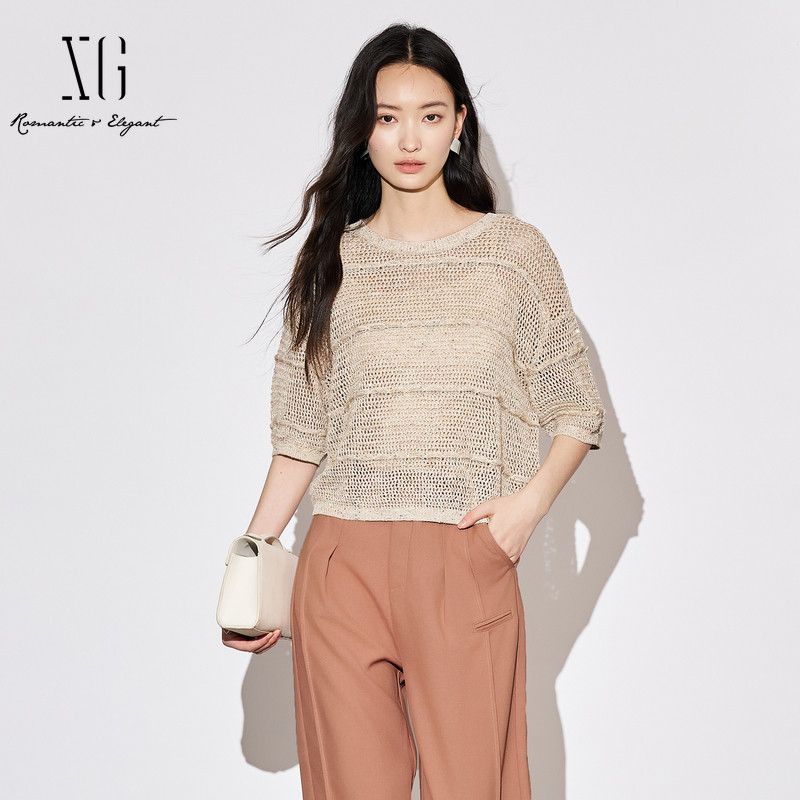 XG/雪歌XJ311004A160棉感短袖毛针织衫2025秋季新款浅米色毛衫女