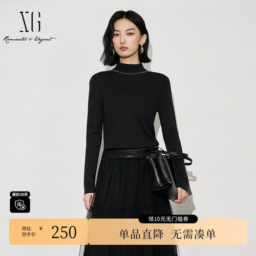 XG雪歌XL411644A890黑色长袖毛衣2025冬季新款烫钻绵羊毛针织衫女