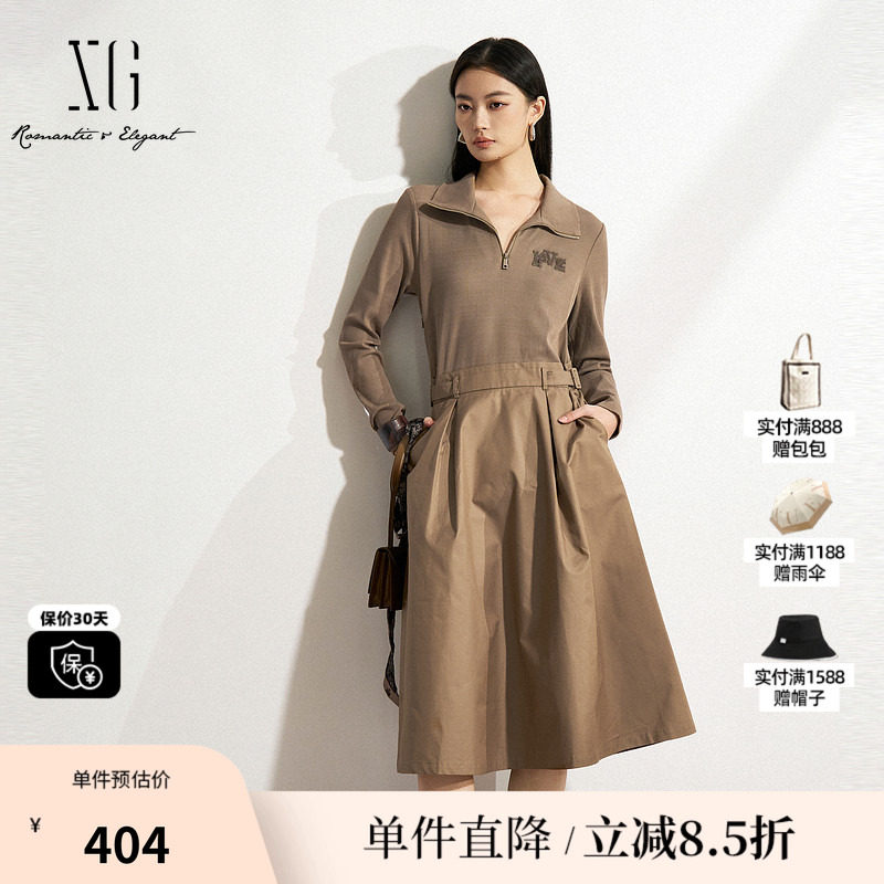 XG/雪歌XK104011A209假两件连衣裙2025春季新款褐色长袖棉感裙女 - 实物图