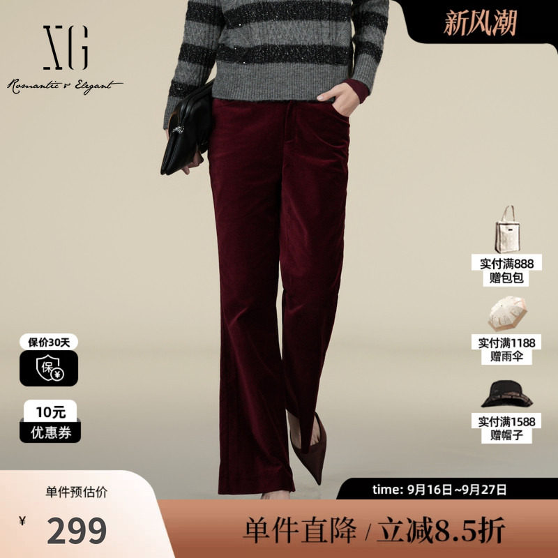 XG/雪歌XK402003A415酒红色休闲裤2025冬季新款设计感微喇长裤女