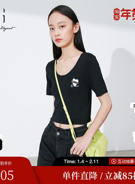 XG雪歌XL111007A490短款黑色毛针织衫2025秋季新款修身套头毛衫女