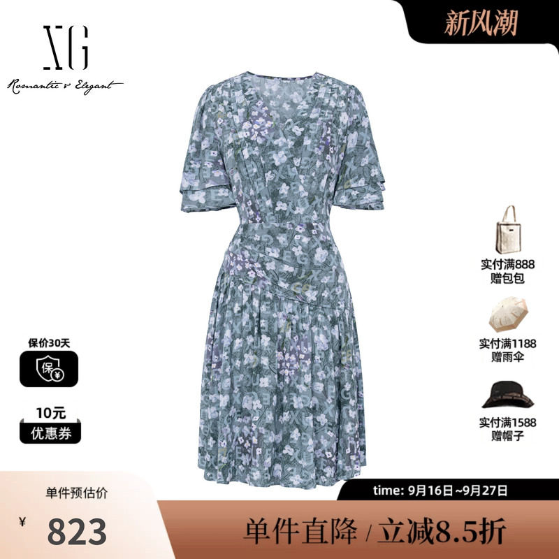 XG/雪歌XL204053BE93 碎花V领短袖连衣裙收腰A字伞裙休闲薄款女装
