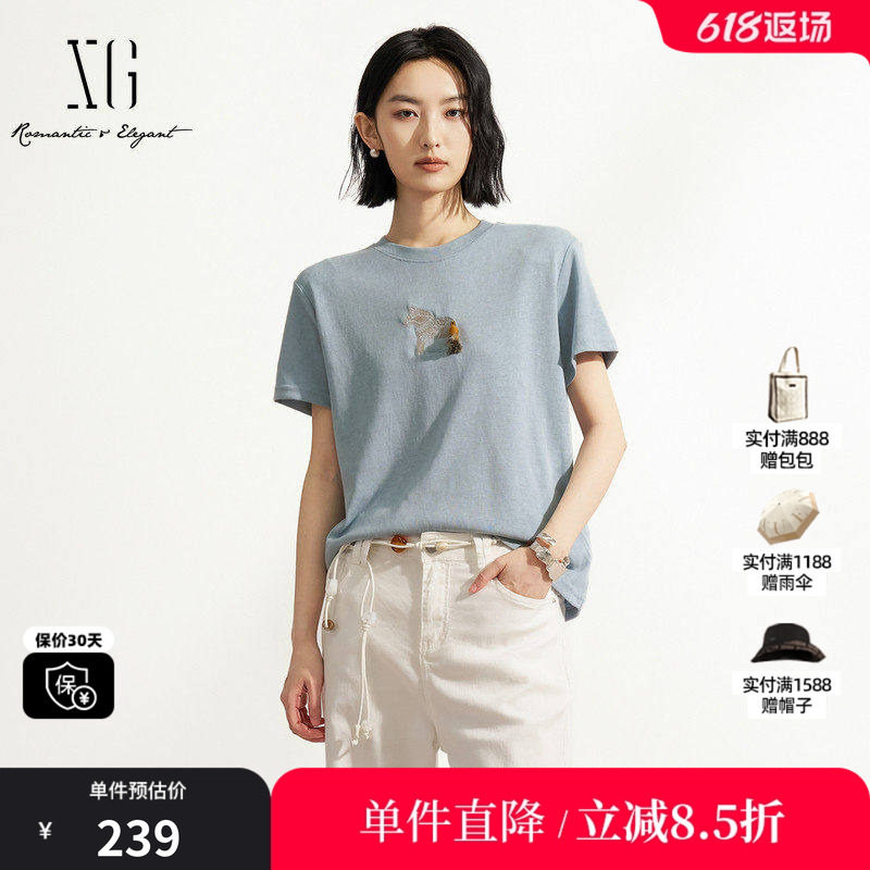 XG/雪歌XM201623A827灰蓝色棉感小马刺绣流苏短袖T恤休闲简约女装