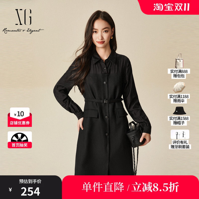 XG/雪歌XJ404012A690 黑长袖羊毛混纺连衣裙创意拼接中款直筒裙女