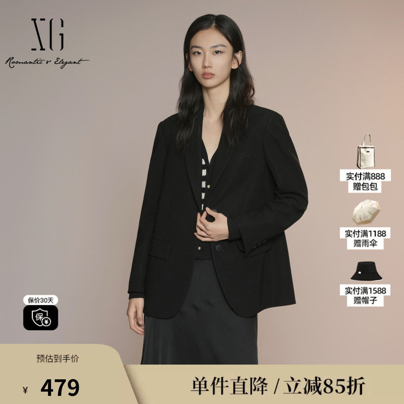 XG雪歌XK307025A690黑色长袖休闲西装2025秋季新款挺括西装外套女