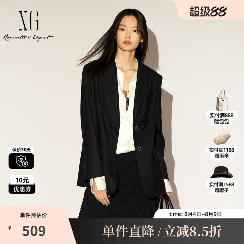 XG/雪歌XL107005A190 黑色通勤简约休闲西装翻领羊毛混纺外套女装