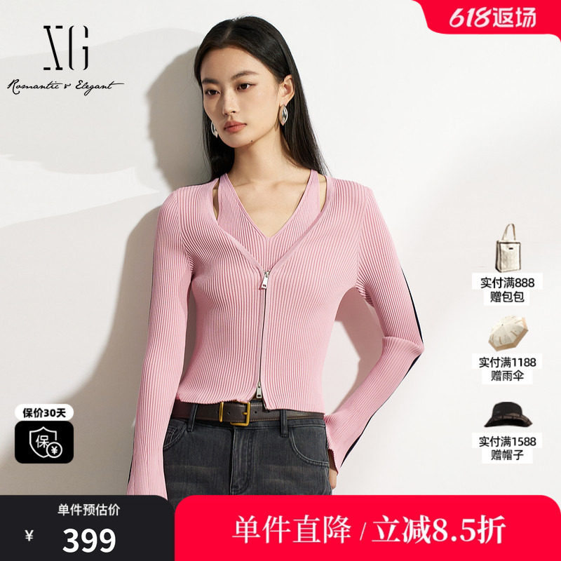XG/雪歌XK111503A816 黑粉色假两件针织衫修身显瘦套头长袖毛衣女