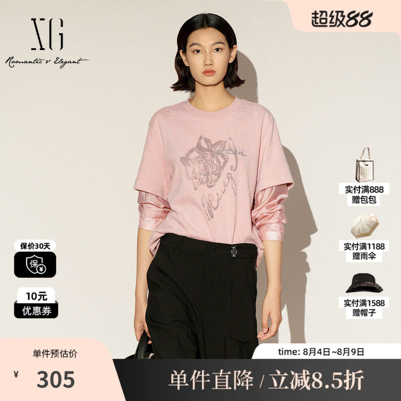 XG/雪歌XL101006A316纯棉假两件T恤圆领拼接宽松直筒打底上衣女装