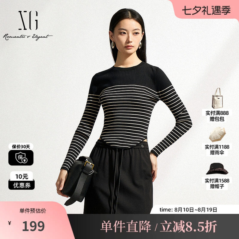 XG/雪歌XK111501A890 莱赛尔条纹针织衫黑色圆领套头毛衣打底修身
