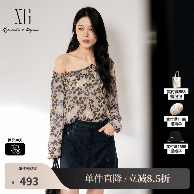 XG/雪歌 XL321001B493碎花圆领长袖宽松衬衫一字肩褶皱休闲简约女