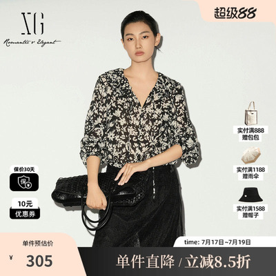 XG/雪歌XL121018B393纯棉花版长袖衬衫V领荷叶边垂感丝带上衣女装