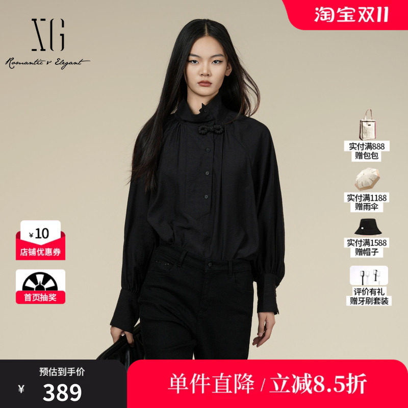 XG/雪歌XK421016A390 国风盘口领结长袖衬衫黑色立领显瘦上衣女装