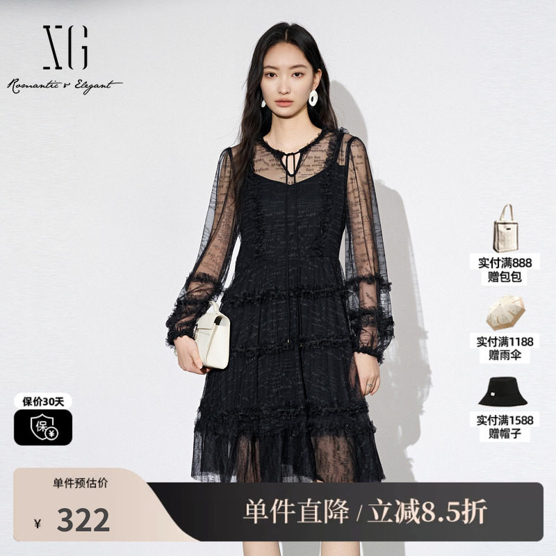 XG/雪歌XJ304020A590黑色长袖连衣裙时尚秋季新款印花网纱A字裙女