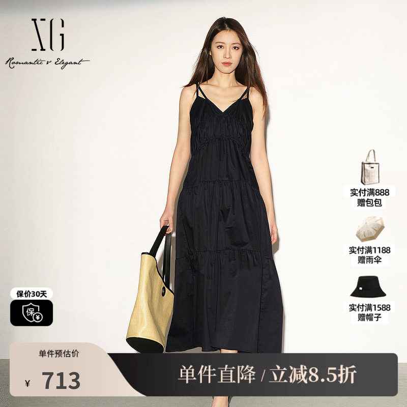 XG/雪歌XL204044A990黑色纯棉吊带连衣裙松紧高腰薄款无袖A字裙女