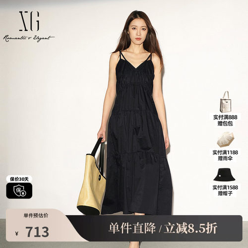 XG/雪歌XL204044A990黑色纯棉吊带连衣裙松紧高腰薄款无袖A字裙女