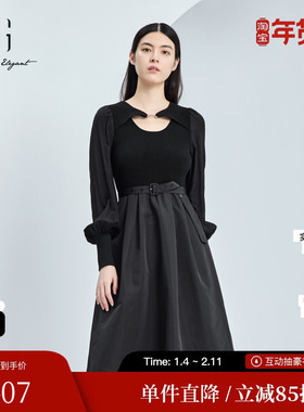 XG/雪歌XJ311038A590黑色长袖连衣裙时尚秋季新款中长款A字裙女装