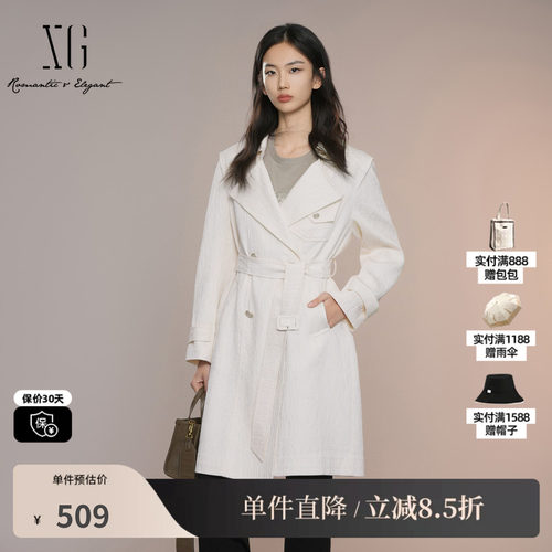 XG雪歌XK308013A491米白色中长款风衣2025秋季新款翻领长袖外套女