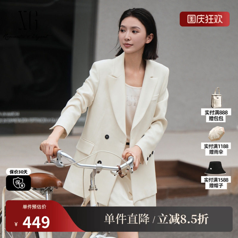 XG/雪歌XK307019A251双排扣休闲西装2025秋季新款白色长袖外套女