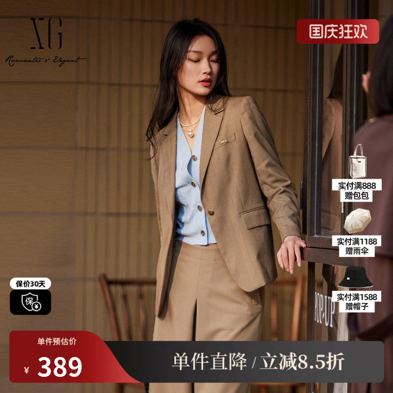 XG雪歌XK307001B195复古格纹休闲西装2025秋季新款修身长袖外套女