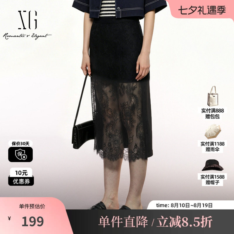 XG/雪歌 XK303705A890黑色直筒蕾丝拼接半身裙通勤包臀中长裙女装