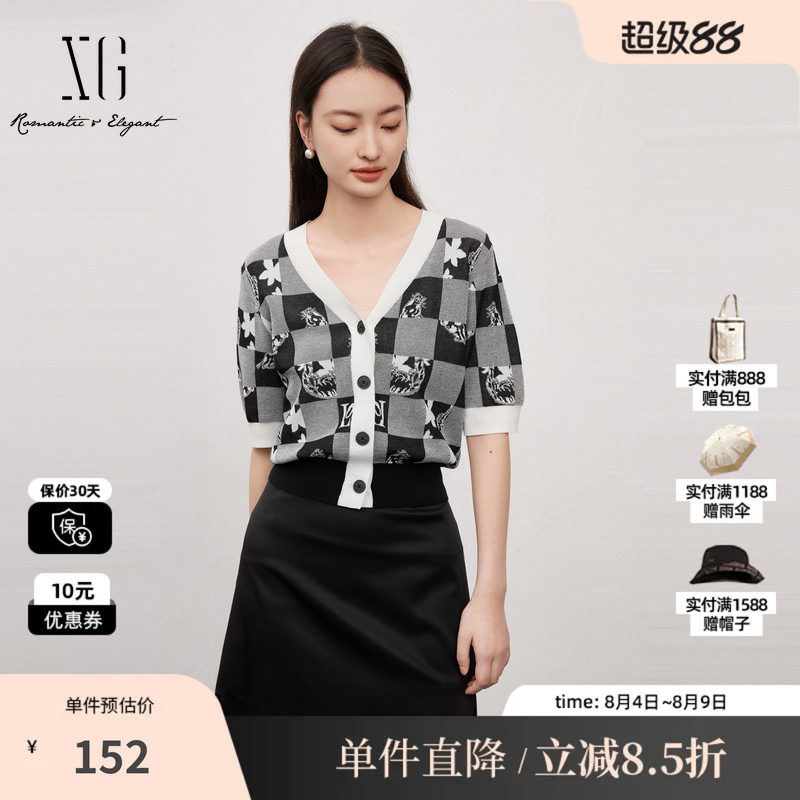 XG雪歌XJ211014B697黑色薄款短袖毛针织衫棉感夏季新款开衫上衣女