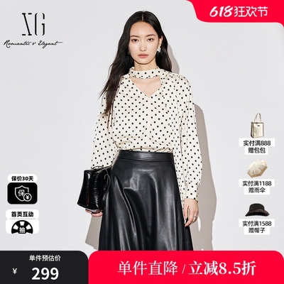 XG/雪歌XK321011B692波点长袖衬衫2025秋季新款绑带设计V领上衣女