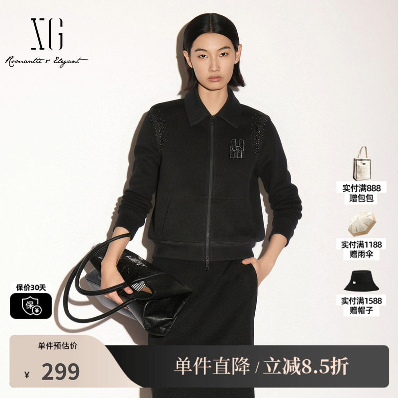 XG/雪歌 XK307725A890黑色翻领长袖卫衣拉链短外套宽松直筒休闲女
