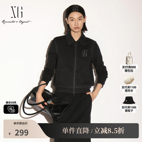 XG/雪歌 XK307725A890黑色翻领长袖卫衣拉链短外套宽松直筒休闲女
