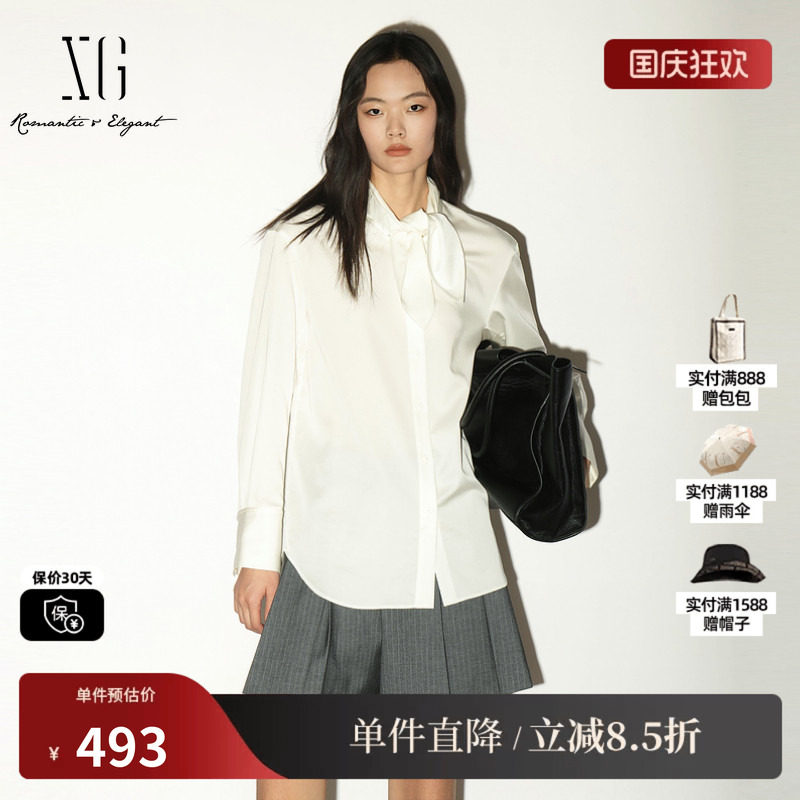 XG/雪歌 XL321005A251白色莱赛尔兔耳绑带长袖衬衫翻领直筒简约女