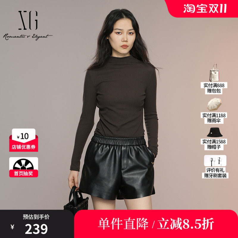 XG/雪歌XK301004A672深咖色长袖T恤2025秋季新款修身半高领棉感女