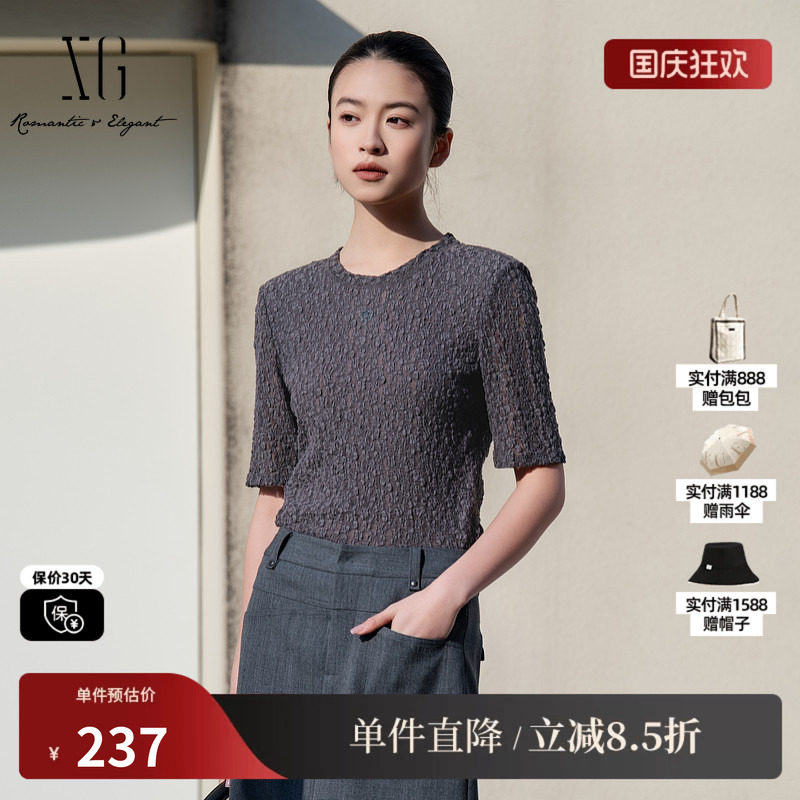 XG/雪歌XL101016A384 镂空短袖T恤圆领中袖套头搭配修身棉感T恤女
