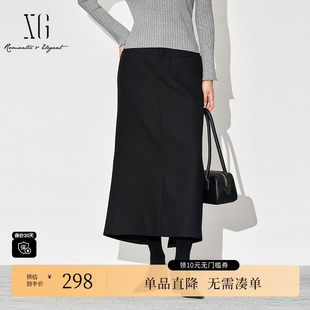 直筒裙女 中长款 XG雪歌XJ403037A390高腰绵羊毛半身裙2025冬季 新款