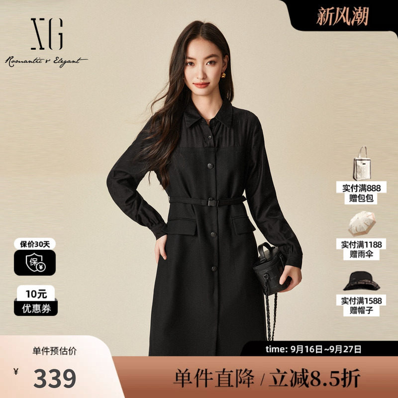 XG/雪歌XJ404012A690 黑长袖羊毛混纺连衣裙创意拼接中款直筒裙女