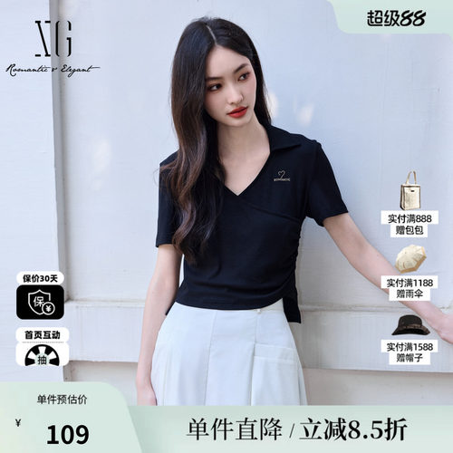 XG/雪歌XK201597A890黑色翻领短袖T恤时尚夏季新款不规则上衣女装
