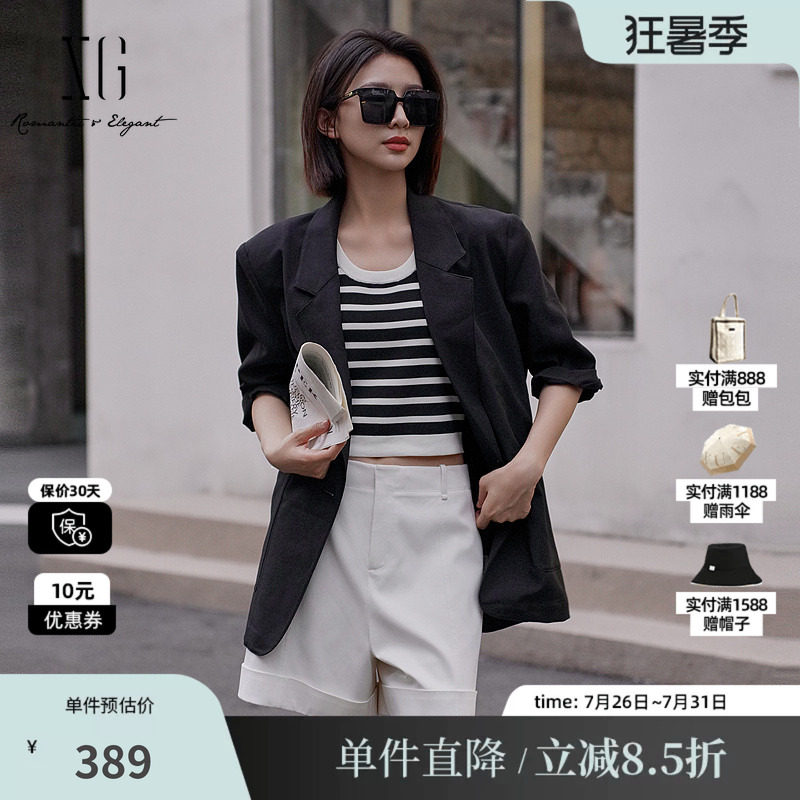XG/雪歌XK207007A990 黑色翻领西装外套中袖卷边职场直筒短上衣女