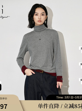 XG/雪歌XL401619A884撞色拼接长袖T恤2025冬季新款堆堆领上衣女装