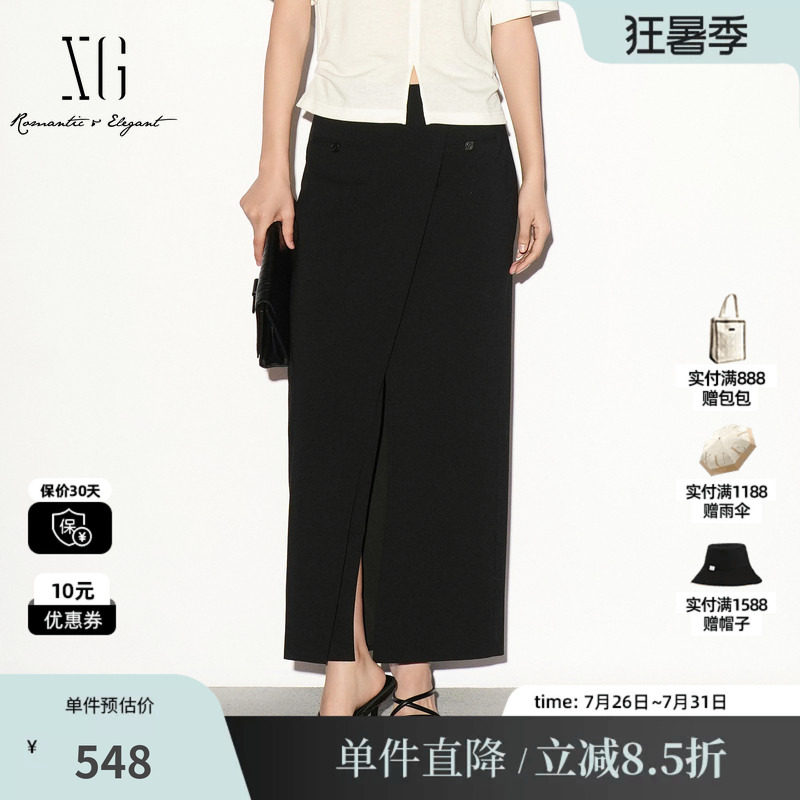 XG/雪歌 XL303004A290黑色直筒开叉通勤半身裙休闲简约西装长裙女