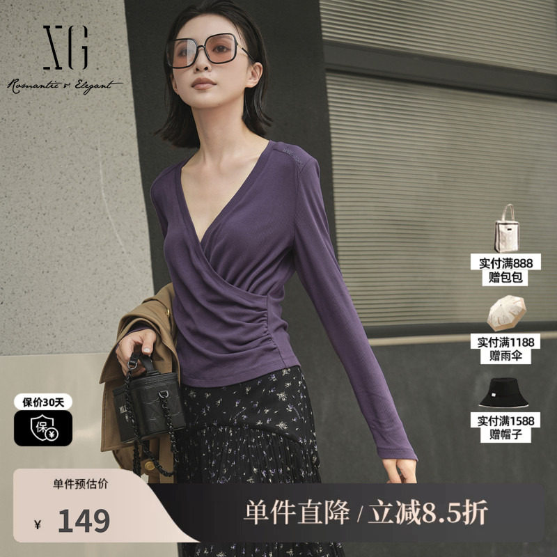 XG/雪歌XK301006A403褶皱收腰T恤2025秋季新款不对称长袖上衣女装