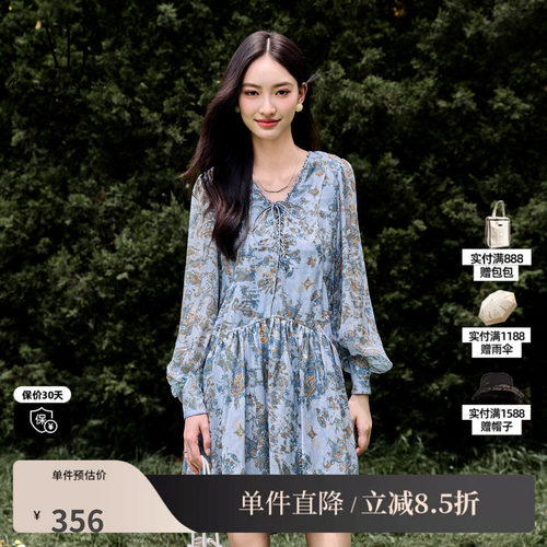 XG/雪歌XJ304008B197碎花长袖连衣裙 时尚秋季新款绑绳醋纤短裙女