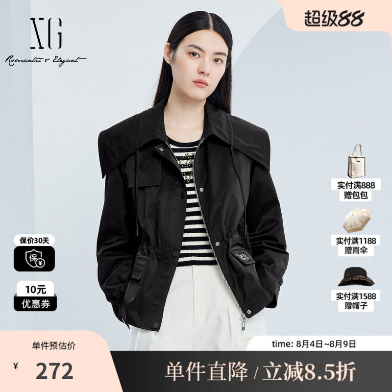 XG雪歌XJ308007A290黑色街头风衣时尚秋季新款字母印花夹克外套女